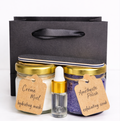 Skincare products including jars and a dropper bottle with labels on a white background